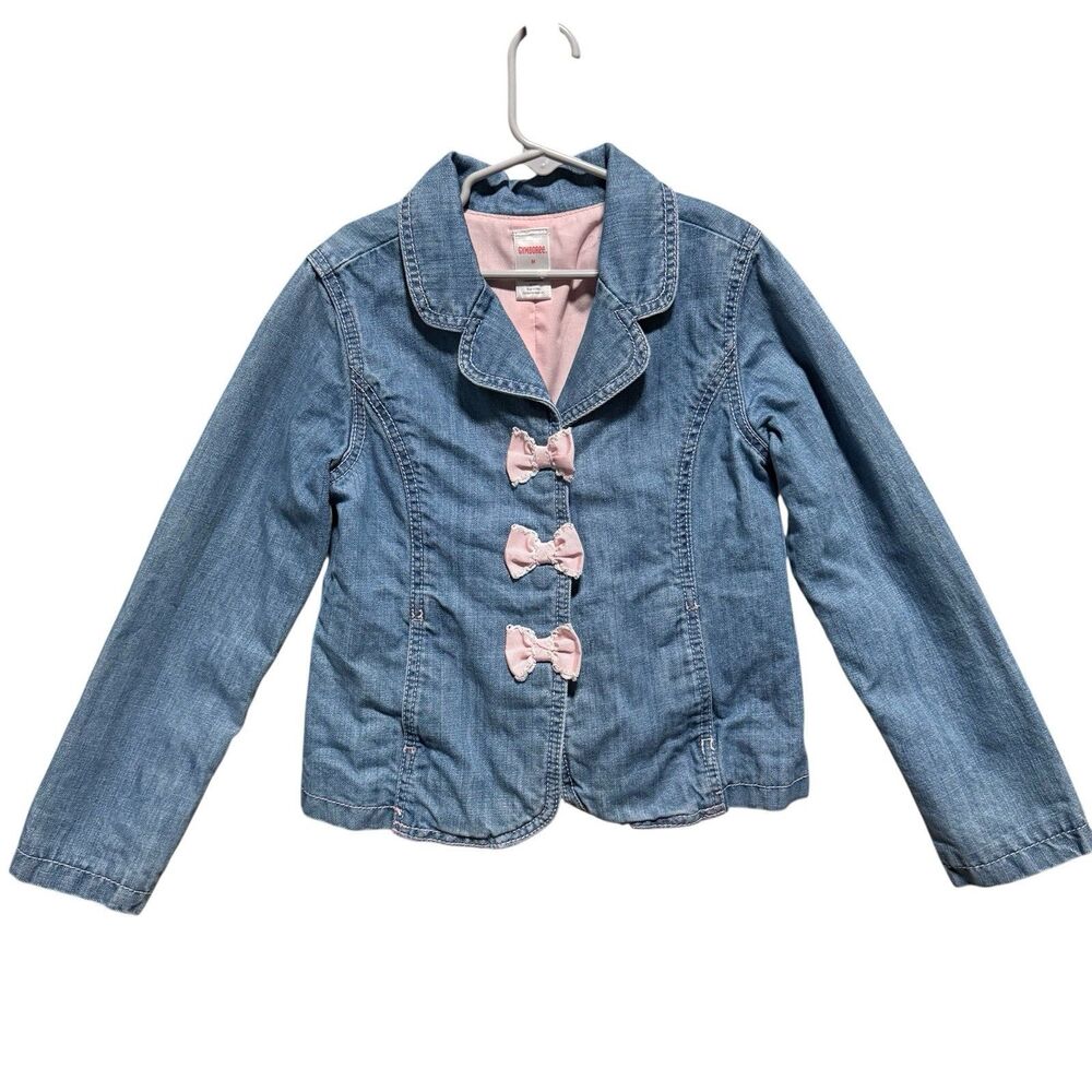 Gymboree Girls Denim Jacket Medium M Pink Bow Button Front 2009 Lined Jean Coat